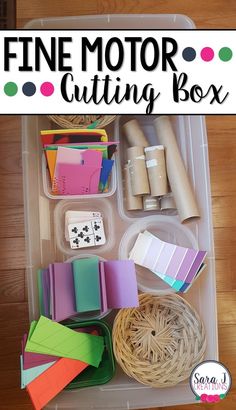 the fine motor cutting box is filled with craft supplies