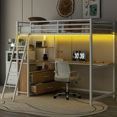 a loft bed with desk underneath it and stairs to the upper level, next to a white chair