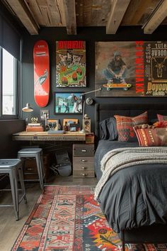 a bedroom with a bed, desk and skateboard on the wall in front of it