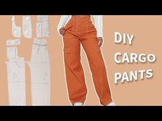 a woman in orange pants and white shirt with the words diy cargo pants on it