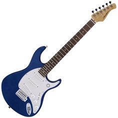 a blue and white electric guitar on a white background