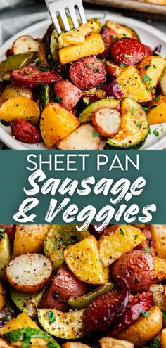 A top image of a plate filled with sheet pan sausage and veggies with a fork spearing a bite, and a bottom image of a close up of cooked and seasoned sausage and veggies. Easy Sausage Dinner, Sheet Pan Sausage And Veggies, Pan Sausage And Veggies, Sheet Pan Sausage, Sausage And Veggies, Sausage Recipes For Dinner, Veggie Recipe, Sausage Dinner, Kielbasa Recipes