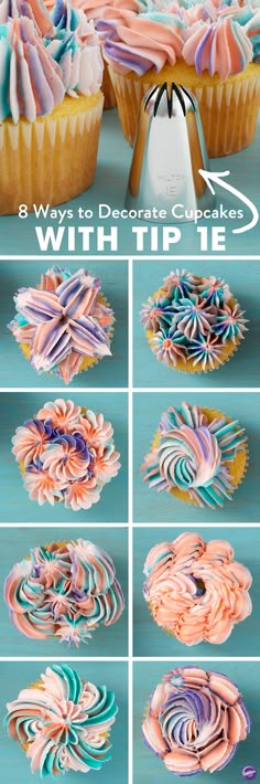 cupcakes decorated with icing and sprinkles are shown in different colors