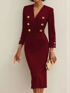 Black Buckle V Neck Long Sleeve Sheath Blazer Midi Dress | fehaute Sheath Dress Work, Sheath Dress Outfit, Sheath Dresses Work, Church Dress, Dress Work, Church Dresses, Midi Sheath Dress, Blazer Dress, Dress Outfit