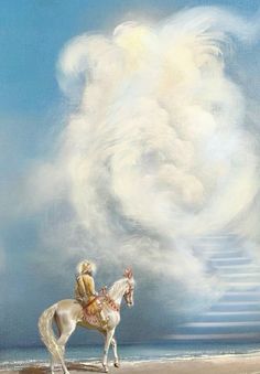 a painting of a man on a white horse in front of a cloudy blue sky