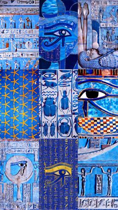 an image of egyptian art with blue and yellow colors