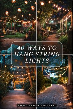 a series of photos of a garden with string lights and a path Outdoor String Lights Backyard, Backyard Party Lighting, Yard String Lights, Porch String Lights, Hanging Patio Lights, Backyard String Lights, Outdoor String Lights Patio, Fire Pit Lighting, Diy String Lights