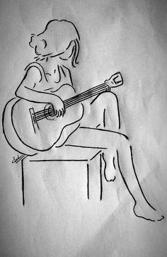 a drawing of a woman sitting on a bench playing the guitar