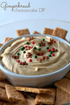 a white bowl filled with dip surrounded by crackers