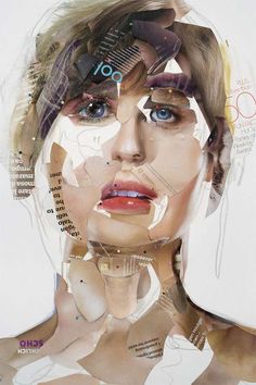 a woman's face is surrounded by multiple pieces of paper and collages