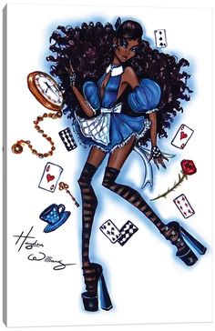 a drawing of a woman dressed in blue holding a clock and playing cards with other items around her