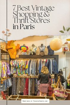 a woman standing in front of a store with lots of clothes on display and balloons