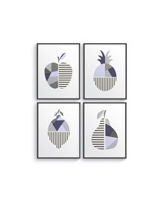 four framed artwork pieces with geometric shapes