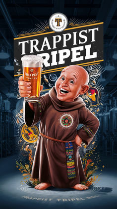 a cartoon character holding a beer glass in front of a sign that says trappist ripel