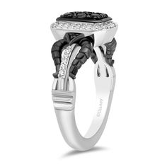 Add devious drama to your look with this mystifying black and white multi-diamond ring from the Enchanted Disney Fine Jewelry Villains Collection inspired by Maleficent. Crafted in sterling silver A halo of white diamonds surrounds the rectangular composite of alluring black diamonds. Black diamonds in geometric frames flank the center. Along the shank, white diamonds shimmer between horn-detailed black rhodium-plated ribbons. This ring captivates with 1/2 ct. t.w. of diamonds. ©Disney Disney Fine Jewelry, Enchanted Disney Fine Jewelry, Diamond Picture, Winter Jewelry, Silver Prices, Black Rhodium, Maleficent, Disney Villains, Diamond Stone