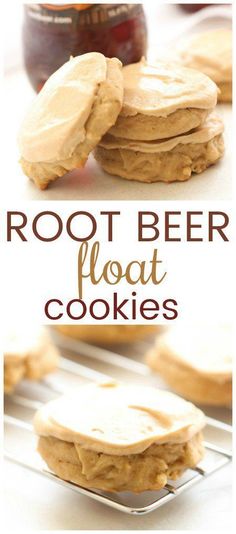 some cookies with peanut butter on top and the words root beer floatt cookies above them