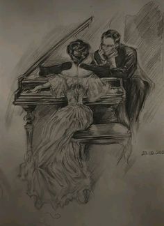 a drawing of two people sitting at a piano