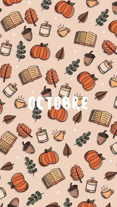 an autumn pattern with books, leaves and acorns on the background that says october