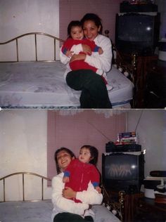 two pictures of a woman holding a child in her arms and sitting on a bed