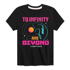 a black t - shirt that says to infinity and beyond lightyear