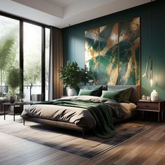 a bedroom with green walls and wood flooring, large painting on the wall above the bed