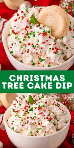 christmas tree cake dip in a white bowl with sprinkles and a cookie