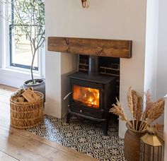 a wood burning stove sitting inside of a living room next to a potted plant