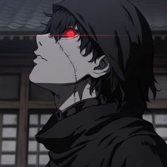 an anime character with red eyes staring at something