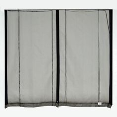 an open white curtain with black lines on the bottom and sides, in front of a white background