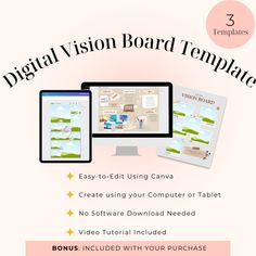 the digital vision board template is displayed on two computer screens, with text below it