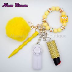 SpongeBob SquarePants Safety Keychain With Optional Pepper Spray Spongebob Keychain, Safety Keychain, Safety Gear, Faux Fur Pom Pom, Spongebob Squarepants, Feature Light, Wristlet Wallet, Silicone Beads, Fur Pom Pom