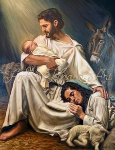 a painting of jesus holding a baby while laying on the ground next to a horse