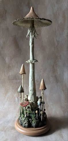 a group of mushrooms sitting on top of a wooden table next to a mushroom tree