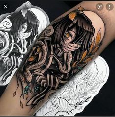 an arm with some tattoos on it and two other images in the background, one is showing