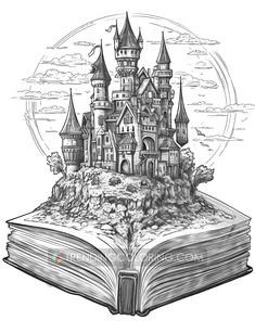 an open book with a castle on top