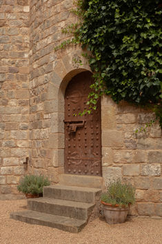 a stone building with steps leading up to the door and planters on either side