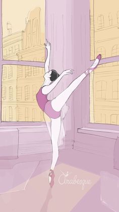 a ballerina is standing on one leg in front of a window and stretching her arm