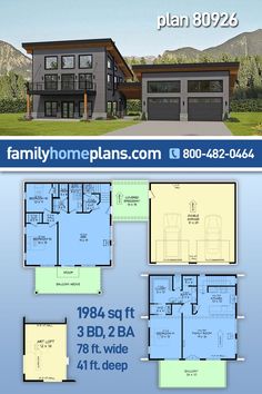 two story house plan with 3 car garage and attached living room, dining area and kitchen