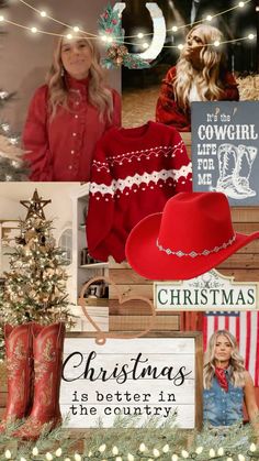 christmas collage with red cowboy boots and western themed items, including a sign that says christmas is better in the country