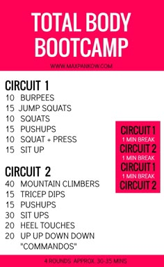 the total body boot camp workout plan is shown in pink and white, with instructions for each