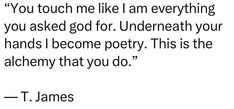 a quote from t james about the poem you touch me like i am everything you asked god for underneatheth your hands