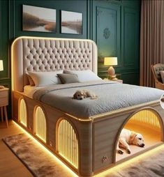 a dog laying on top of a bed in a room with green walls and furniture