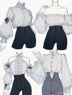 three different views of the same blouse and pants