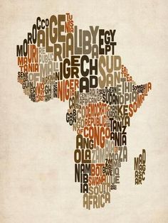 the word map of africa is made up of words in brown and black on a white background