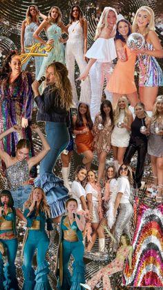 the collage shows many different women dressed in disco outfits and dancing with their hands on their hipss