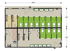 the floor plan for a public restroom with two stalls and three toilets in each room