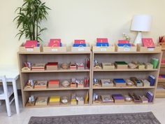 a room with several shelves filled with different types of books and stationery on top of each shelf