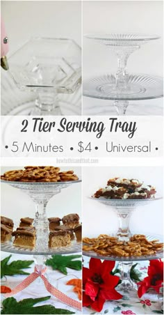 there are four different serving trays with food on them and the words, tier serving tray 5 minutes - $ 4 universal