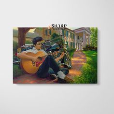 a painting of a young man sitting on the ground with a guitar in front of him