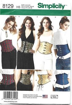 "Simplicity 8129 ©2016; \"MISSES' EASY CORSETS.\" Pattern contains four different styles. Uncut and in factory folds. Fits ~~ Sizes 6 - 14 Bust 30.5 - 36 Waist 23 - 28 Hip 32.5 - 38 Shipping includes insurance." Waist Cincher Pattern, Corset Sewing, Historical Clothes, Cincher Corset, Corset Sewing Pattern, Women's Sewing Pattern, Corset Costumes, Waist Cincher Corset, Corset Pattern